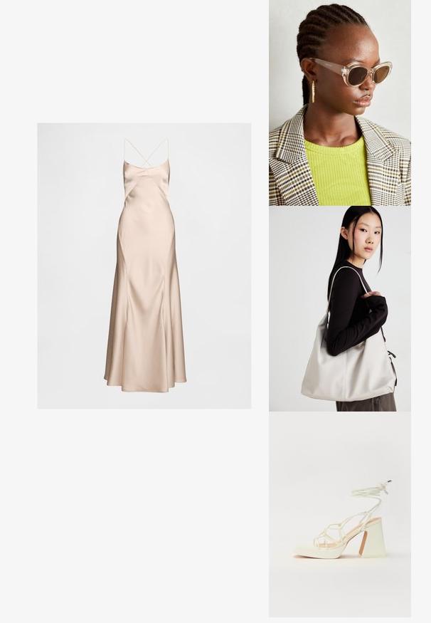 Vestido de satén en nude con un corpete ajustado y un dobladillo acampanado. Presenta tirantes delgados entrelazados y una textura suave y lisa.; Sandalia de tacón alto blanca con un tacón grueso, que presenta un diseño de tiras y un lazo en el tobillo. Textura suave con una plataforma en la parte delantera para mayor altura.; Gafas de sol estilo cat-eye claras con lentes marrones y montura transparente. Modelo vistiendo una blusa verde de canalé y un blazer a cuadros. Pendientes hoop dorados.; Bolso de mano beige hecho de material suave, con un diseño holgado, detalles cosidos y dos asas. Adecuado para uso diario.