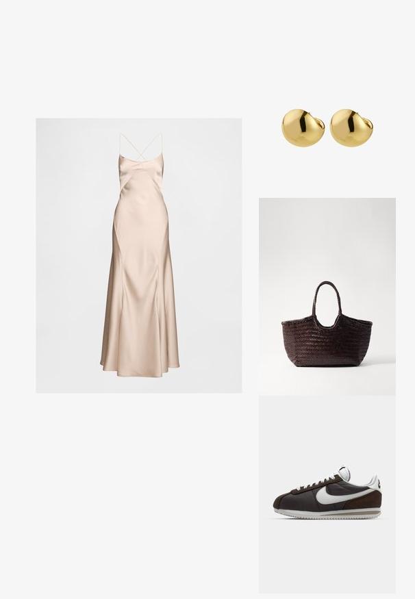 Saténové šaty na ramínka v tělové barvě s upnutým korzetem a rozšířeným lemem. Vybavené tenkými křížovými ramínky a hladkým, elegantním povrchem.; Hnědé a šedé tenisky Nike s bílými akcenty; kožené a semišové materiály; texturované podrážky; šedé tkaničky; klasický retro design.; Woven hnědá taška s kulatým vrcholem a dvěma rukojeťmi. Obsahuje texturovaný vzor s širokou, otevřenou strukturou pro snadný přístup.; Pilgrim JACE - Náušnice - gold-coloured