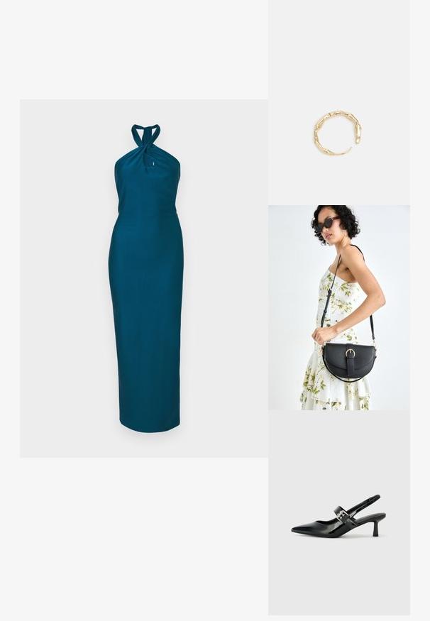 Teal halter dress with a twisted neckline, fitted silhouette, and knee-length hem. Made from smooth, stretch fabric with no embellishments.; Black patent leather slingback heels with a pointed toe and a small block heel, featuring a silver buckle accent on the strap.; Black leather handbag with a curved shape, detachable strap, and gold hardware. The bag features a flap with a buckle detail.; Gold-tone ring featuring an organic, twisted design with smooth texture and tapered ends, creating a modern, sculptural appearance.