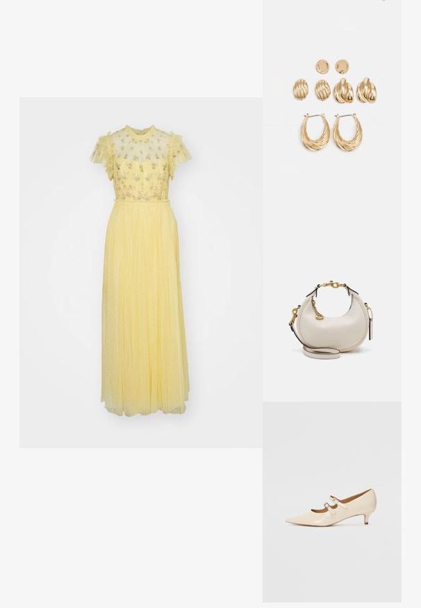 Needle & Thread ROCOCO BODICE ANKLE GOWN - Occasion wear - lemon; Beige patent leather Mary Jane shoes with two adjustable buckles, pointed toe, and a low heel. Smooth texture with a glossy finish.; Cream leather handbag with a crescent shape, gold hardware, black accents, and a removable strap. Features a chain detail and tag.; Gold-toned earrings set featuring three pairs: textured oval studs, wavy design studs, and large hoop earrings with layered ridges.