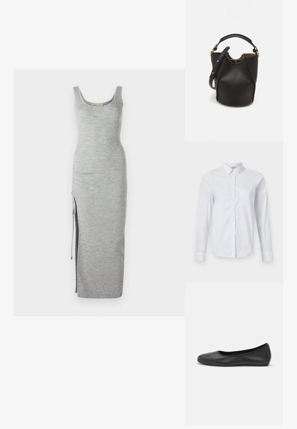 Pilka įlinkta maksi suknelė su apvaliu iškirpimu, šonine skyle ir reguliuojama virvele. Pagaminta iš minkštos, tekstūruotos medžiagos.; Balta ilgomis rankovėmis marška, pagaminta iš medvilnės. Su mygtukų užtrauktuku priekyje, smailiu apykakle ir krūtine kišene kairėje pusėje.; Juodai odiniai baletai su apvaliu pirštu, lygi texture, minimalus siuvimo detales ir lanksčiu padų dizainu.; Juodas odinis kibiro tipo krepšys su tekstūruotu paviršiumi, auksiniais detalėmis ir atvira viršūne. Yra trumpa rankena ir reguliuojama petneša.