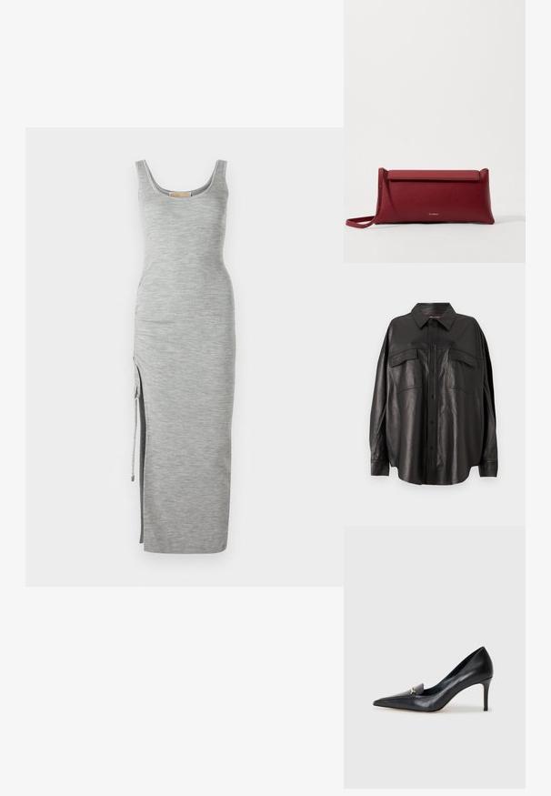 Halli ribidega maksimekk, millel on ümar kaelus, küljes lõhik ja reguleeritav pael. Valmistatud pehmest, tekstureeritud kangast.; Must värvi nahast särk nupuga esitasku, terava krae ja kahe rinna taskuga. Omab laia lõiget ja sujuvat tekstuuri.; Mustmust musta kinga terava nina, madala lõikega vamp ja dekoratiivne kuldne aksessuaar. Omab stilettokandikut ja sileda tekstuuri.; Punane nahkne käekott tekstuuriga viimistlusega, millel on lame voltimisosa ja lühike rihm. Pehme brändi logo ees.