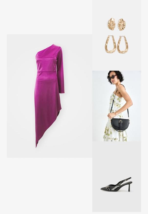WAL G. OLESSIA ONE SLEEVE DRESS - Dzsörzéruha - plum; Fekete lakk bőr, hegyes orrú slingback cipő, boka pántokkal, ezüst csatokkal és hardverelemekkel, valamint karcsú sarkú.; Fekete bőrtáska ívelt formával, levehető pánttal és arany színű fémrészekkel. A táskán egy csattal díszített fedél található.; Aranyszínű fülbevalók, texturált, hullámos formákkal. Tartalmazza a szobrászati klipszes studokat és az open hoop kialakítást, kalapácsos felülettel.