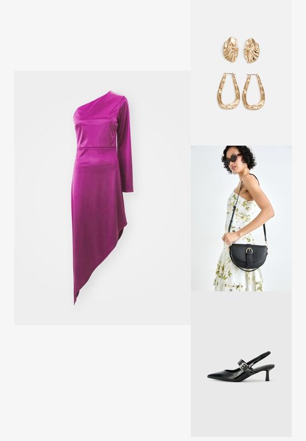 WAL G. OLESSIA ONE SLEEVE DRESS - Vestido de malha - plum; Saltos slingback em verniz preto com bico pontiagudo e um pequeno salto bloco, apresentando um detalhe de fivela prateada na tira.; Bolsa de couro preta com forma curva, alça destacável e detalhes em dourado. A bolsa possui uma aba com detalhe de fivela.; Brincos em tom de ouro com formas onduladas e texturizadas. Inclui studs escultóricos com presilha e um design de argola aberta com um acabamento martelado.