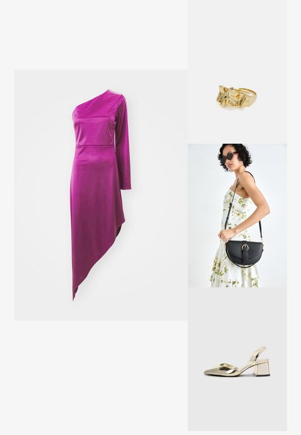 WAL G. OLESSIA ONE SLEEVE DRESS - Trikotaažkleit - plum; Kuldne, metallilised slingback-kudumid terava varba ja paksu kontsaga. Sile tekstuur, minimalistlik disain ja kitsas rihm.; Mustmust mustraha kõverate joontega, eemaldatava rihmaga ja kuldsete detailidega. Kotil on klapp, millel on pandladetail.; Kuldne sõrmus tekstureeritud, lainelise disainiga, millel on kolm silmapaistvat tippu. Sile, läikiv pind ja avatud riba, mis võimaldab reguleeritavat sobivust.