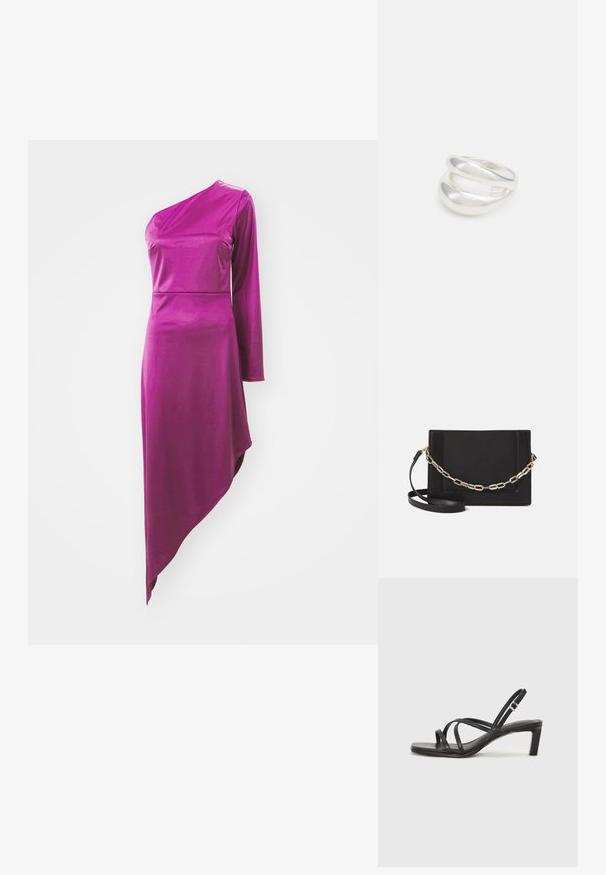 WAL G. OLESSIA ONE SLEEVE DRESS - Obleka iz džersija - plum; Črne natikače s trakovi in kvadratnim prstom ter nizkim blokastim peto. Imajo več tankih trakov in nastavljiv trak okoli gležnja. Narejene so iz gladkega usnja.; Črna usnjena torba čez ramo z gladko teksturo, pravokotno obliko in kovinskim verižnim detajlom spredaj. Vključena je nastavljiva naramnica.; Srebrn dvojni prstan z gladko, polirano površino. Ima tekoč, ukrivljen dizajn z prekrivajočimi se sekcijami za sodoben videz.