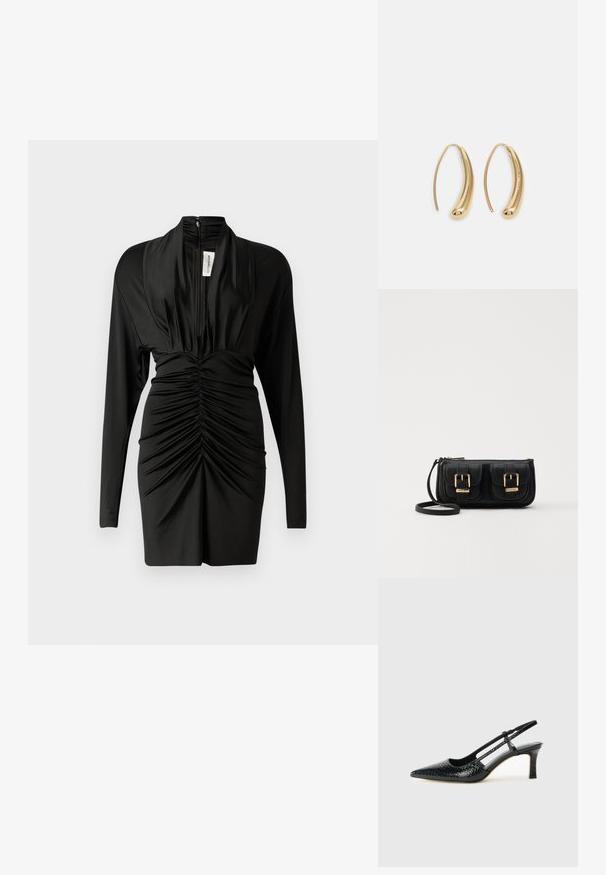 Sort langærmet kjole i glat stof, med høj halsudskæring, lynlåslukning og sammensyning ved taljen for en tætsiddende silhuet.; Sorte patent slingback hæl med spids tå, prydet med tekstureret slangeskindsmønster, justerbar rem og en kort, tekstureret blokhæl.; Sort læder crossbody taske med to frontlommer, guldspænder, lynlåslukning og en slank rem. Struktureret overflade og kompakt rektangulær form.; Guldfarvede metal hoops øreringe med en bøjet, forlænget form. Har en glat, skinnende overflade og en afrundet spids for ekstra detalje.
