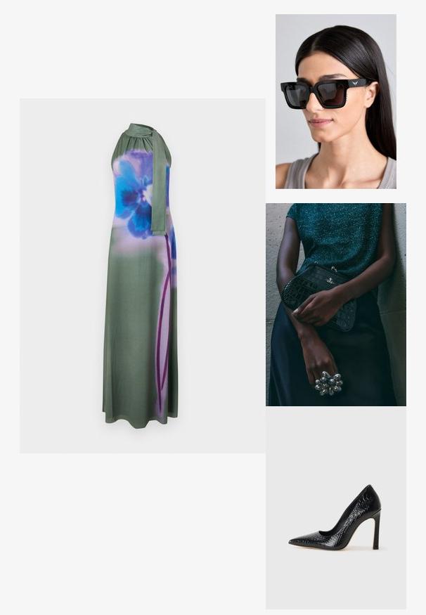 Lange halter-kleding in gedempt groen met een blauw en paarse bloemenprint. Soepele stof met een gestrikte nekdetail, vloeiende silhouet.; Zwarte puntige hoge hak schoen met een krokodillenleren textuur, met een slank ontwerp, hoge stiletto-hak, en een gladde zwarte binnenkant.; Zwarte oversized zonnebril met vierkante montuur, donkere glazen en een subtiel vleugel-logo detail op het montuur. Heeft getextureerde accenten aan de zijkanten.; Zwarte clutch met krokodillenpatroon en zilverkleurige hardware, vastgehouden tegen een gestructureerde grijze achtergrond. Heeft een glanzend oppervlak.