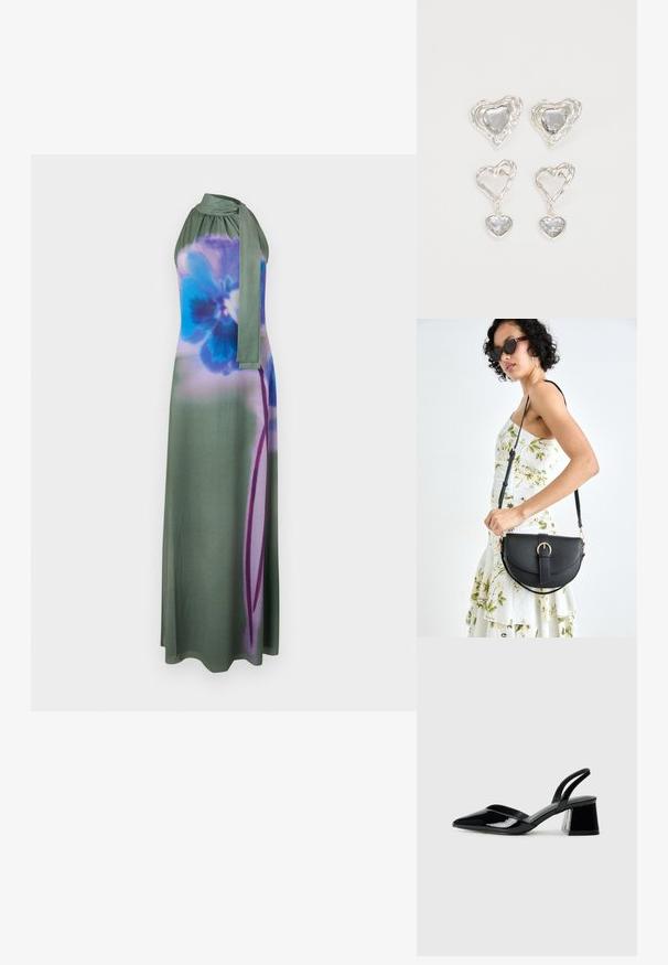 Lang, halterneck-kjole i dempet grønn med blå og lilla blomsterprint. Glatt stoff med knyttet halsdetalj, flytende silhuett.; Svarte patentlær slingback hæler med spiss tå og geometrisk blokk hæl. Har et stilrent, minimalistisk design og jevn tekstur.; Svart lærveske med en buet form, avtagbar stropp og gullbeslag. Vesken har et klaff med spenne-detall.; Sølv hjerteformede øredobber har fasetterte klare steiner med en teksturert ramme. Sett inkluderer både stud- og hengende stiler.