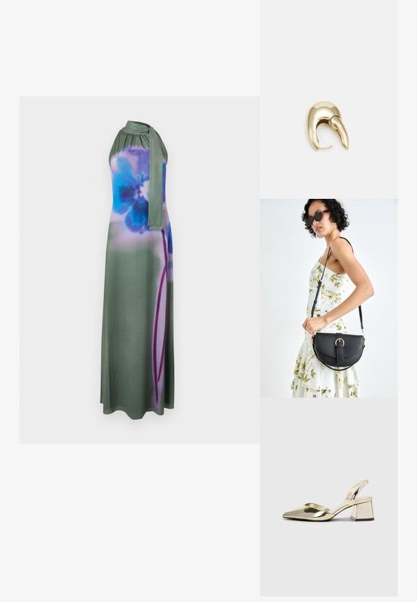 Duga halter haljina u umirujućoj zelenoj boji s plavim i ljubičastim cvjetnim uzorkom. Glatka tkanina s detaljem vezanja oko vrata, teče silueta.; Zlatni metalik slingback sandali s šiljatim vrhom i debelim potpeticama. Glatka tekstura, minimalistički dizajn i uski remen.; Crna kožna torba s lukovitim oblikom, odvojivim remenom i zlatnim detaljima. Torba ima preklop s kopčom.; Zlatne metalne naušnice s elegantnim, zakrivljenim dizajnom. Imaju karakterističan šiljast oblik, poliranu površinu i zatvaranje na šarku.