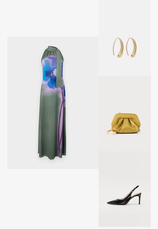 Garšīgs haltera stila kleita blāvi zaļā krāsā ar zilām un purpura ziedu rakstiem. Gluda auduma sastāvs ar sasietu kakla detaļu un plūstošu siluetu.; Melnas lakotās ādas slingback kurpes ar izteiktu degunu, šauru papēdi un smalku izgriezumu dizainu. Siksniņai ir zelta sprādze.; Dzeltens, mīksta tekstūra rokassoma ar strukturētu augšdaļu, savilktu apakšu un platu, noņemamu siksniņu. Augšā ar rāvējslēdzēju.; Zelta toņu metāla gredzena auskari ar izliektu, pagarinātu formu. Ar gludu, spīdīgu virsma un noapaļotu galu papildu detaļām.