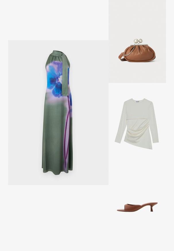 Langes, halterförmiges Kleid in gedämpftem Grün mit blau-lila floralem Muster. Glattes Material mit einer gebundenen Halsdetails und fließender Silhouette.; Langärmliges cremefarbenes Oberteil mit Rundhalsausschnitt, das ein geschichtetes Design und Raffung im unteren Bereich aufweist. Weicher Stoff mit glatter Textur.; Braune offene Absatzmules mit glatter, matter Oberfläche, die ein geschwungenes Design und einen transparenten, verjüngten Absatz aufweisen.; Braune Leder-Clutch mit silbernem Kugelverschluss und einem kleinen silbernen Kettendetail auf weißem Hintergrund.