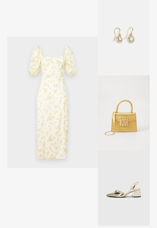 Žlté kvetinové midi šaty s nadýchanými rukávmi, štvorcovým výstrihom a priliehavým strihom. Obsahujú zelené akcenty a svetlú, textúrovanú látku.; Zlaté kovové lodičky na podpätku so špicatou špičkou a robustným podpätkom. Hladký povrch, minimalistický dizajn a úzka remienok.; Žltá falošná krokodília kabelka so štruktúrovaným dizajnom, horným držadlom, odnímateľným reťazovým popruhom a dekoratívnym kryštálovým ozdobením na zapínaní.; Náušnice zlatého odtieňa s oválnymi čírymi kryštáli obklopenými menšími čírými kameňmi, s háčikovým dizajnom pre bezpečné nosenie.