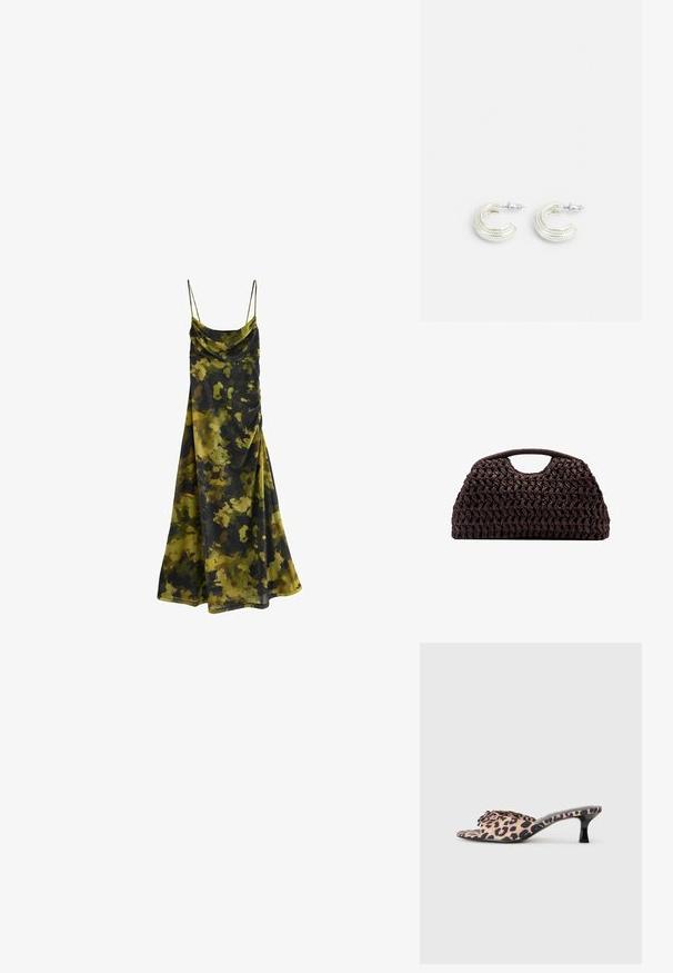 Ärmelloses Kleid mit Kapuzenkragen im Camouflage-Muster aus Dunkelgrün, Olivgrün und Schwarz. Weicher, fließender Stoff mit lockerer Passform.; Leopardenmuster-Mules mit einem niedrigen, schwarzen Stiletto-Absatz. Obermaterial aus weichem Stoff mit einer Knoten-Detail vorne und einer glatten, flachen Sohle.; Geflochtener brauner Handtasche mit runder Silhouette, ausgestattet mit einem oberen Griff und strukturierten Oberfläche. Kompaktes Design mit flachem Boden für Stabilität.; Ohrringe in silberfarbener Ausführung mit einem gedrehten Ohrringdesign, das eine strukturierte Oberfläche und gerippte Details aufweist, gesichert mit einem Steckverschluss.