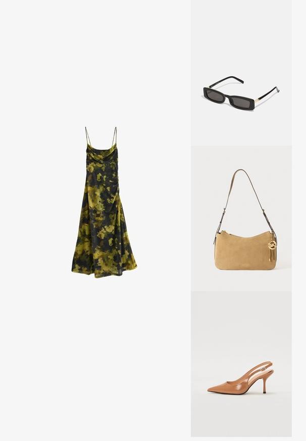 Mouwloze jurk met een col-nek in een camouflagemotief van donkergroen, olijfgroen en zwart. Zachte, vloeiende stof met een ontspannen pasvorm.; Puntige slingback hak in een glad, glanzend beige materiaal. Bevat een gebogen uitsnijdontwerp en een slanke stiletto hak. Zilveren gesp detail.; Zwarte rechthoekige zonnebril met donkere lenzen, glanzende plastic monturen en gouden accenten op de slapen. Minimalistisch ontwerp en elegante vorm.; Tan suède schoudertas met een gebogen vorm, gouden hardware en ritssluiting. Voorzien van een bijgevoegd charm met de initialen "MK."