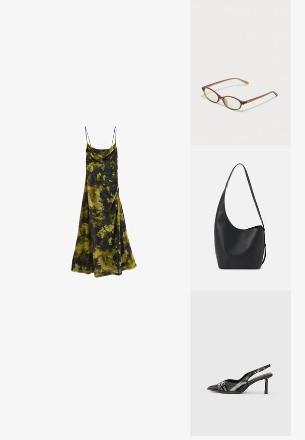 Mekko, jossa on huppukaulus ja hihattomat hihat, tummanvihreän, oliivin ja mustan camouflage-kuosin väreissä. Pehmeä ja valuva kangas, jossa on rento malli.; Musta patenttinen nahkainen slingback-kengät, joissa on terävä nenä, nilkkahihnat hopeisilla soljilla ja varusteilla sekä hoikka korko.; Ruskeat kilpikonnaruutulasiset silmälasit, joissa ovaalit linssit, ohuet varret ja läpinäkyvät yksityiskohdat. Temppeleissä on huomaamaton logo. Suunnittelultaan suora ja kevyt.; Musta nahkainen hobo-laukku, jossa on sileä pinta, kaareva muoto ja yksi säädettävä olkahihna; sisäänkäynti on leveä ylhäältä.