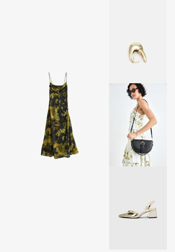 Cowl-neck, ærmeløs kjole i et camouflagemønster af mørkegrøn, olivengrøn og sort. Blødt, flydende stof med en afslappet pasform.; Guld, metalliske slingback-hæle med spids tå og kraftig hæl. Glat tekstur, minimalistisk design og en smal strop.; Sort læderhåndtaske med en buet form, aftagelig rem og guldfinish. Tasken har en klap med en spænde detalje.; Guldtonet metal ørering med et slankt, buet design. Har en karakteristisk spids form, poleret overflade og hængselåbning.