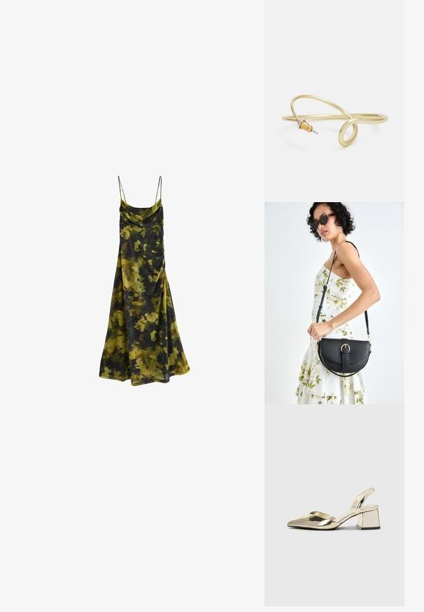 Kakla piegriezuma, bez piedurknēm, kleita ar tumši zaļu, olīvu un melnu kamuflāžas rakstu. Mīksta, plūstoša auduma ar brīvu piegriezumu.; Zeltaini, metāla kurpes ar siksniņām, norakans purngalis un masīla papēdis. Gluda tekstūra, minimālisma dizains un šaura siksna.; Melnas ādas rokassoma ar izliekta formu, noņemamu siksnu un zelta aksesuāriem. Somai ir vāciņš ar sprādzes detaļu.; Zelta krāsas metāla aproce ar šķidrām, viļņveidīgām formām. Vienā galā ir neliels, izteikts sudraba krāsas akcents.