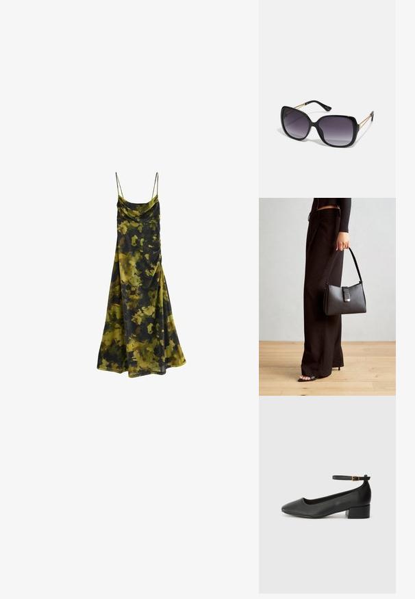 Robe sans manches à col drapé dans un motif camouflage de vert foncé, olive et noir. Tissu doux et fluide avec une coupe décontractée.; Escarpin en cuir noir avec un bout pointu et un petit talon bloc. Doté d'une bride de cheville avec une boucle dorée. Texture lisse.; Lunettes de soleil noires surdimensionnées avec des verres dégradés, monture épaisse et détails en chaîne dorée sur les branches.; Sac à main noir à la forme structurée, texture lisse et fermoir métallique. Associé à un pantalon noir ample et des sandales ouvertes sur un sol en bois.