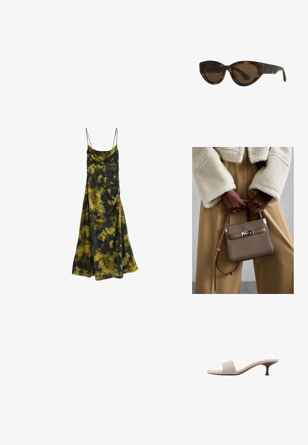 Šaty bez rukávov s kapucňou a kamuflážným vzorom v tmavozelenej, olivovej a čiernej farbe. Mäkká, splývavá tkanina s voľným strihom.; Sandal bez päty s béžovým tkaným vrchom, otvorenou špičkou a zakrivenou drevenou strednou podrážkou. Dizajn sa vyznačuje hladkou textúrou a minimalistickým tvarom.; Mačacie slnečné okuliare v štýle tortoiseshell s hnedými šošovkami, s hladkými, lesklými plastovými rámami a elegantným dizajnom. Žiadne viditeľné logá ani akcenty.; Tory Burch RADZIWILL COLOR-BLOCK PEBBLED PETITE DOUBLE BAG - Kabelka - wild mushroom; Biely vlasový klip v tvare kvetu s jemným žltým prechodom, so zaskakovacím mechanizmom a hladkým plastovým povrchom.