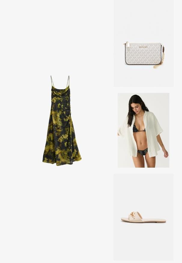 Ärmelloses Kleid mit Kapuzenkragen im Camouflage-Muster aus Dunkelgrün, Olivgrün und Schwarz. Weicher, fließender Stoff mit lockerer Passform.; Weißes, übergroßes Button-up-Hemd aus strukturiertem Stoff, offen über einem schwarzen gemusterten Bikini getragen. Kurze Ärmel und eine lockere Passform.; Beige Rutsch-Sandalen mit offenen Zehen, flacher Sohle und dekorativen metallischen Kettenakzenten am Riemen. Glattes Material mit minimaler Textur.; Michael Kors Clutch in beige beschichtetem Canvas mit einem wiederholten MK-Logo-Muster, goldfarbener hardware und einem abnehmbaren Kettenriemen.