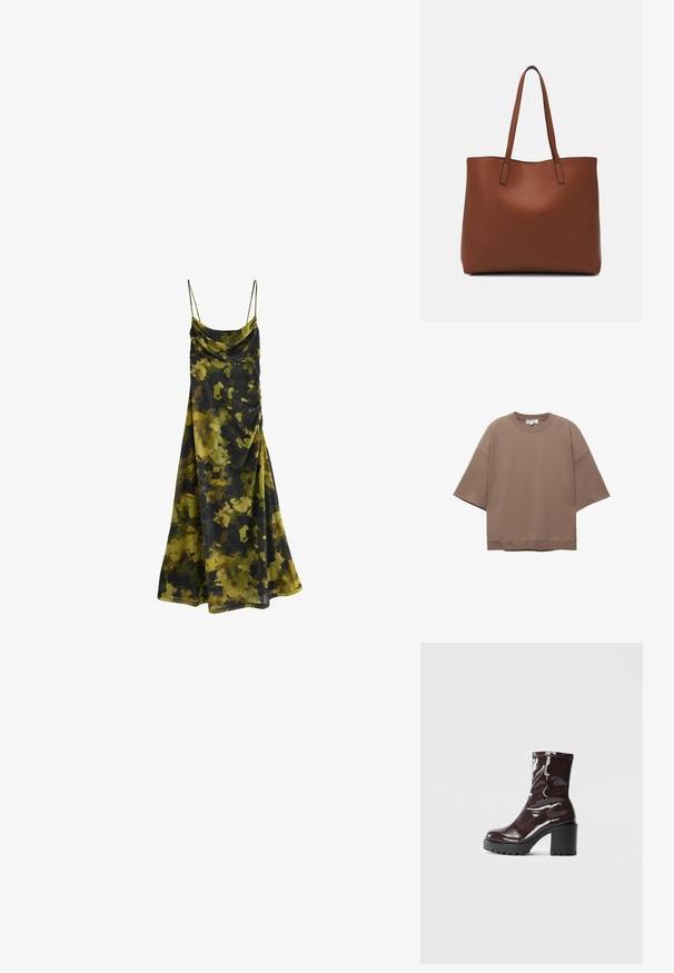 Mouwloze jurk met een col-nek in een camouflagemotief van donkergroen, olijfgroen en zwart. Zachte, vloeiende stof met een ontspannen pasvorm.; Bruine oversized T-shirt, korte mouwen, ronde halslijn, gemaakt van zacht katoen, heeft een eenvoudig ontwerp en minimale naden.; Glanzende bordeauxrode enkelboot met een chunky zwarte hak, met een gladde textuur en een eenvoudig ontwerp. Geen zichtbare sluitingen of patronen.; Bruine leren tote bag met een gladde textuur, een ontwerp met een open bovenkant en twee schouderbanden. Kenmerkt zich door minimale stiksels en geen zichtbare hardware.