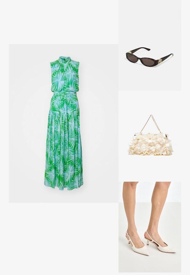 Diane von Furstenberg MENON DRESS - Velika haljina - green; Bež cipele na petu od lakiranih koža s uskim vrhom i petom od 5 cm, s izrezanim stranama i tankim remenom oko gležnja.; Suncane naočale od kornjačevine s izduženim ovalnim lećama, smešnim nijansama, zlatnim logotipom na drškama i elegantnim crnim krakovima.; Bijela cvjetna torba s nabranom površinom od tkanine, zlatnom lancem za nošenje i metalnim kopčanjem. Ima teksturirane latice kao dodatak detalju.