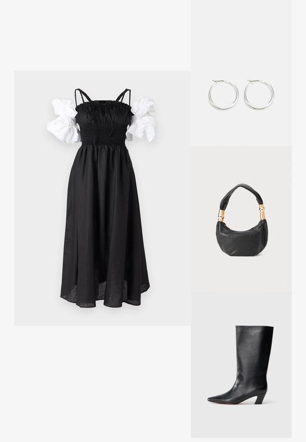 Sleeper ARLE MAXI DRESS - Maksikleit - black/white; Kõrge musta nahast saapad, millel on terav varvas, nurline konts ja sile tekstuur. Minimalistlik disain, ilma nähtavate kaunistusteta.; Must mustrepp nahkakott ümmarguse kujuga, pehme tekstuuriga ja sõlmiga käepidemega, millel on kuldse tooni aksessuaarid. Lukuga sulgemine.; Hõbedased rõngasnõelad on sujuva ja ümara kujundusega, õhukese profiiliga ning kindla lukuga. Minimalistlik stiil ja läikiv viimistlus.