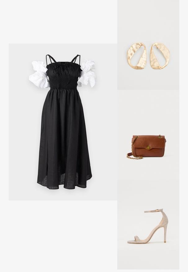 Sleeper ARLE MAXI DRESS - Maksi suknelė - black/white; Metaliniu rožiniu auksu padabinti aukštakulniai sandalai su dirželiais, turintys tekstūruotą viršutinę dalį, atvirą pirštą ir kulkšnies dirželį su auksiniu sagtimi.; Ruda odinė per petį nešama kuprinė su užsegimu ant sklendės, auksinės spalvos aksesuarais ir grandinėlės dirželiu. Lygus paviršius, stačiakampio forma, minimalus apipavidalinimas.; Nedidelis nereguliarus ovalo formos aukso tono metalinių auskarų pora su tekstūruota, šiek tiek kalta paviršiumi ant balto fono.