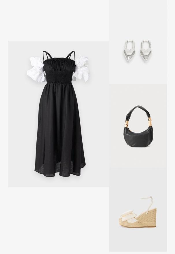 Sleeper ARLE MAXI DRESS - Maksi garuma kleita - black/white; Soliņu sandaļi ar dabīgu jutu platformu, krēmkrasas auduma augšdaļu un diviem slāņotiem ziedu rotājumiem; ir plāns potītes siksniņa ar sprādzi.; Melnas ādas rokassoma ar apaļu formu, mīkstu tekstūru un mezgla rokturi, kas rotāts ar zelta tonētiem aksesuāriem. Ar rāvējslēdzēja aizdari.; Sudraba sirdī formas piekariņi ar iegravētiem "JĀ" un "NĒ" tekstiem, pulēta apdare, simetrisks dizains un izturīgs metāla aizdare.