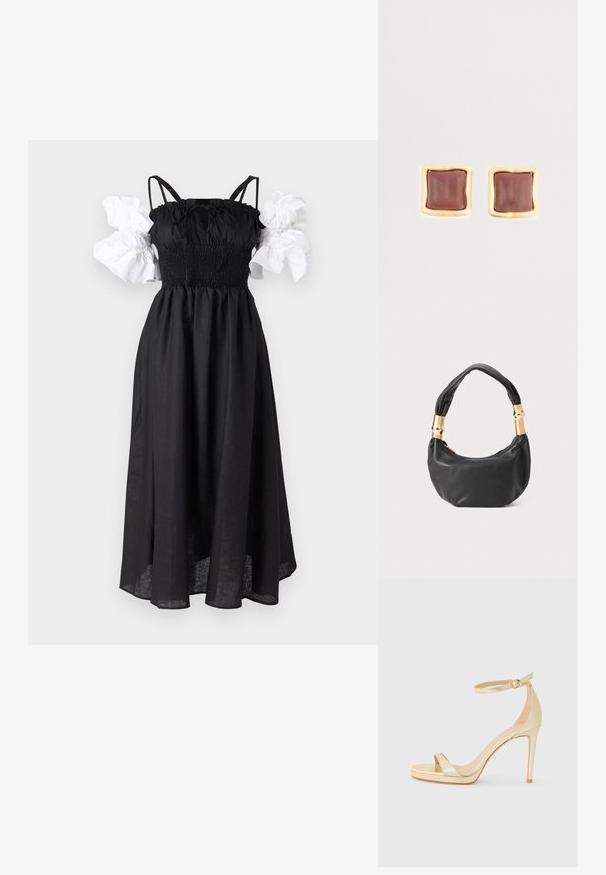 Sleeper ARLE MAXI DRESS - Maksikleit - black/white; Kuldne metallik kõrge kontsaga sandaal avatud varbaga, pahkluu rihm luku ja platvormiga, et lisada kõrgust. Sile tekstuur.; Must mustrepp nahkakott ümmarguse kujuga, pehme tekstuuriga ja sõlmiga käepidemega, millel on kuldse tooni aksessuaarid. Lukuga sulgemine.; Ruudukujulised stud-kõrvarõngad, mille keskmes on sügav burgundia värv ja kuldse tooni tekstureeritud raam. Sile pind ja ümarad servad.