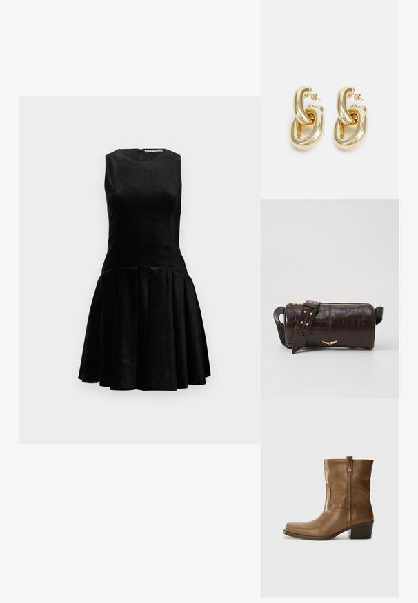 Black sleeveless dress made of velvet fabric, featuring a fitted bodice and flared pleated skirt, with a round neckline and back zipper.; Brown leather ankle boot with a square toe, textured finish, and a low stacked heel. Features a rear pull tab and subtle stitching details.; Brown crocodile-embossed leather bag with a cylindrical shape, gold-tone hardware, and a detachable strap featuring studs.; Rabanne XL LINK  DOUBLE HOOP EARRINGS - Earrings - gold-coloured