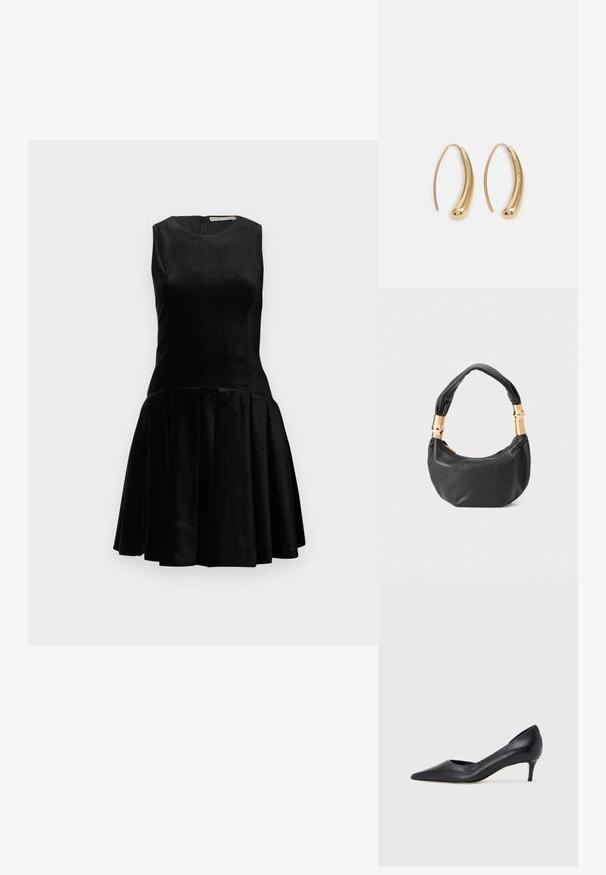 Musta hihaton mekko, joka on valmistettu samettikankaasta ja jossa on tyköistuva yläosa ja liehuva pleated-hame. Mekossa on pyöreä pääntie ja takana vetoketju.; Musta nahkainen avokärkinen korkokenkä, jossa on matala korko. Kenkä on sileäpintainen ja siinä on himmeä kiilto. Edessä on avoin leikkaus, joka lisää yksityiskohtaisuutta.; Musta nahkalaukku pyöreällä muodolla, pehmeällä pinnalla ja solmulla varustetulla kahvalla, jossa on kultasävyiset yksityiskohdat. Vetoketjusuljenta.; Korvakorut kultasävytteistä metallista, joissa on kaareva, pitkänomainen muoto. Ominaisuuksiin kuuluu sileä, kiiltävä pinta ja pyöreä kärki lisäyksinä.