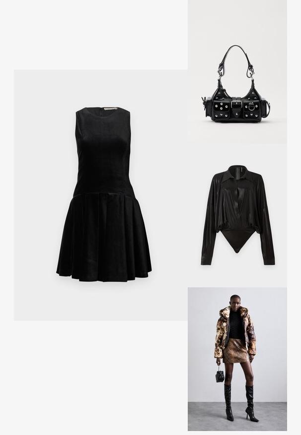 Čierne bezrukávové šaty z jemného zamatového materiálu, s priliehavým korzetom a rozšírenou plisovanou sukňou, s okrúhlym výstrihom a zipsom na chrbte.; Čierny body s dlhými rukávmi, výstrihom do V a priliehavým strihom. Vyrobené z lesklého, hladkého materiálu so štruktúrovaným golierom a manžetami.; Bundička s kapucňou so hnedo-čiernym vzorom, skombinovaná s mini suknou s hadím vzorom v hnedej farbe, čiernymi čižmami po kolená a malou čiernou kabelkou.; Čierna kožená kabelka s zakriveným dizajnom, doplnená striebornými cvočkami, prackou a dvoma bočnými vreckami. Nastaviteľný popruh poskytuje rôzne možnosti nosenia.
