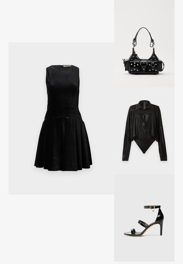 Robe sans manches noire en velours, présentant un corsage ajusté et une jupe plissée évasée, avec un col rond et une fermeture éclair au dos.; Body noir avec manches longues, décolleté en V et une silhouette ajustée. Fabriqué en tissu lisse et brillant avec un col structuré et des poignets.; Sandale en cuir verni noir avec trois brides, boucle de cheville et talon aiguille de 10 cm. Présente un détail en métal doré et un charm logo.; Sac à main en cuir noir au design courbé, avec des clous en argent, une boucle et deux poches latérales. Bandoulière réglable pour différentes options de transport.