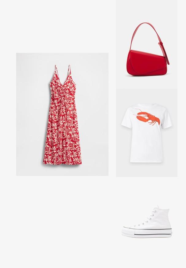 Raudona be rankovių midi suknelė su balta gėlių raštu ir raukšlėmis V formos iškirpėje, rodoma prieš baltą foną.; Balta medvilnė marškinėliai su dideliu, ryškiu raudonu omaru grafiku priekyje. Trumpomis rankovėmis ir standartiniu apvaliu kaklu.; Balti aukštakulniai drobės sportbačiai su juodu guminio pado, priekinio guminio piršto dangteliu ir šešiais akytėmis raištams, pasižymintys švariu, minimalistiniu dizainu.; Raudona odinė rankinė su kampuota, geometrine forma. Pasižymi viena reguliuojama dirželiu ir dangteliu su siuvinėtais dekoracijomis.