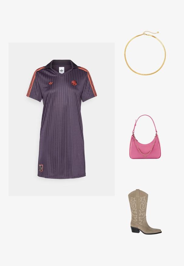 Fioletowy sweter w paski z kołnierzykiem, krótkimi rękawami i pomarańczowymi paskami. Zawiera haftowane logo na piersi oraz detal metki na dolnej krawędzi.; PULL&BEAR - Kowbojki i obuwie motocyklowe; Różowa syntetyczna torba na ramię o zaokrąglonym kształcie, gładkiej fakturze, odpinanym łańcuszku oraz okrągłym detalem z logo na froncie.; Złota siateczkowa naszyjnik choker o płaskim, elastycznym kształcie. Posiada przedłużkę łańcuszka dla regulowanej długości. Gładka tekstura, minimalistyczny wygląd.