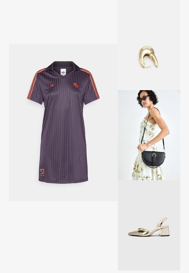Violetai dryžuota marškinė su apykakle, trumpomis rankovėmis ir oranžiniais dryžiais. Puošia išsiuvinėtos logotipai ant krūtinės ir etiketės detalė ant apatinio krašto.; Auksiniai, metaliniai slingback aukštakulniai bateliai su smailiu pirštu ir masyviu kulnu. Lygus paviršius, minimalizmo dizainas ir siaura juostelė.; Juodas odinis krepšys su išlenkta forma, nuimamu dirželiu ir auksiniais detalėmis. Krepšys turi kilpą su sagtimi.; Aukso tono metalinės auskarai su stilingu, kreiviu dizainu. Išsiskiria ryškiu smailiu pavidalu, poliruota paviršiumi ir užsegimu su vyriu.
