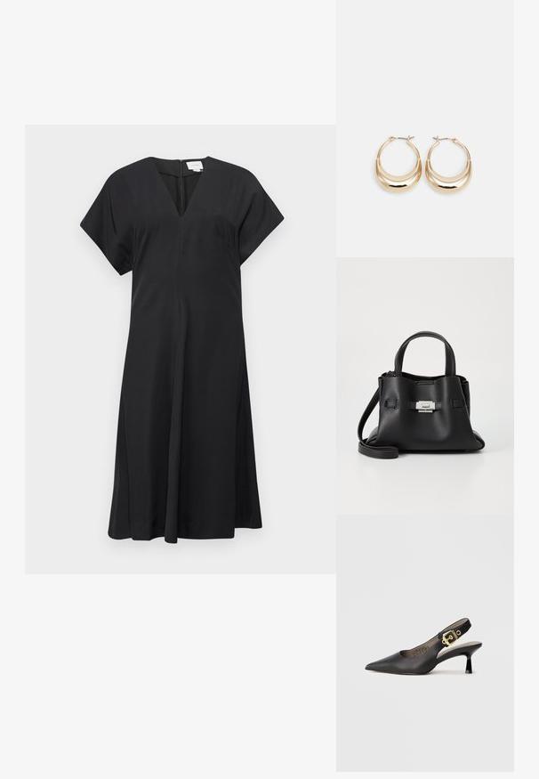 Rochie neagră cu decolteu în V și mâneci scurte. Material neted și fluid, până la genunchi, cu fante laterale, fermoar discret pe spate.; Sandal cu toc înalt negru, cu vârf ascuțit, textură de piele netedă și accent de cataramă aurie pe curea.; Geantă de mână din piele neagră cu o finisare texturată, având două mânere superioare, o curea de umăr detașabilă și un detaliu cu închidere din argint.; Cercei tip hoop cu tonuri de aur, în formă de semilună, cu suprafață lustruită și închidere cu balama. Textură netedă și finisaj reflectant care îmbunătățesc vizibilitatea.