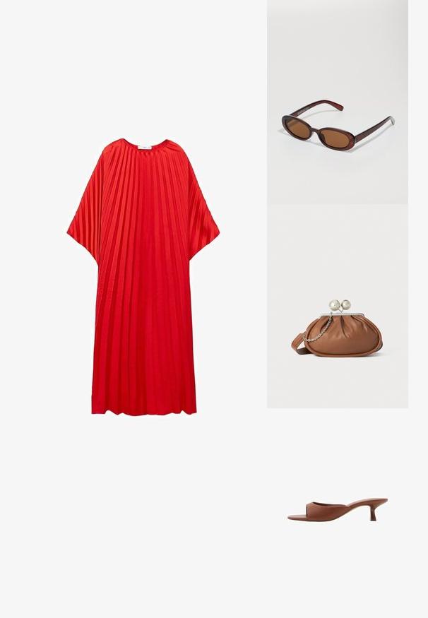 Rotes plissiertes Kleid mit runder Ausschnittlinie und weiten Ärmeln. Hergestellt aus leichtem Stoff, mit vertikalen Streifen für eine strukturierte Optik.; Braune offene Absatzmules mit glatter, matter Oberfläche, die ein geschwungenes Design und einen transparenten, verjüngten Absatz aufweisen.; Runde, braun getönte Sonnenbrillen mit einem glänzenden burgunderfarbenen Rahmen. Schlanke Bügel mit dezentem Branding. Flaches Linsendesign.; Braune Leder-Clutch mit silbernem Kugelverschluss und einem kleinen silbernen Kettendetail auf weißem Hintergrund.