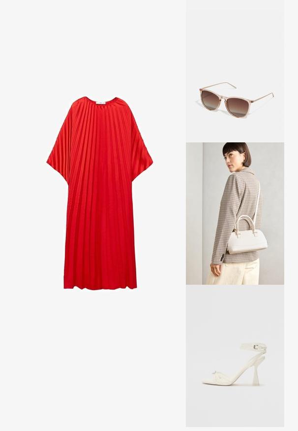 Crvena plissé haljina s okruglim izrezom i širokim rukavima. Napravljen od lagane tkanine, s vertikalnim prugama za dodatnu teksturu.; Bijela kožna sandala na visokom potpetici s trakama, elegantnog dizajna, s prozirnom blok potpeticom i dekorativnim elementom na prstima.; Smeđe gradient sunčane naočale s prozirnim ružičastim okvirom, kvadratnog oblika i tankim metalnim ručkama. Imaju zaobljene ivice i minimalne detalje.; Bijela strukturna torba s kratkim ručkama i remenom za rame, s zlatnim metalnim detaljima i teksturiranim materijalom, prikazana na sivoj pozadini.