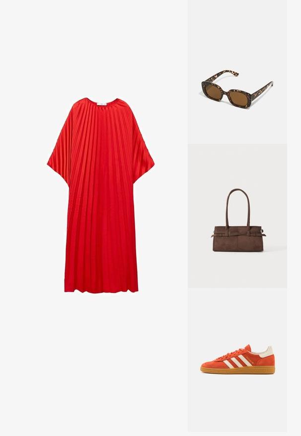 Rød plisseret kjole med rund halsudskæring og brede ærmer. Lavet af letvægtsstof og med lodrette striber for struktur.; Orange ruskindsneaker med hvide læderdetaljer, der har tre hvide striber og en gummisål. "Spezial" logo på tungen.; Skildpadde-solbriller med en rund, kraftig ramme og brune linser. Har subtile mønstre og lige, afsmalnende stænger.; Marineblå silkeslærred med et grafik af en brown heste rytter, dekoreret med et blåt rebmønster og teksten "LEVI'S BRUGT AF ALLE KOBOLD" i rød.; Brun ruskinds håndtaske med to robuste håndtag, rektangulær form og dekorativt stropdetalje på forsiden.