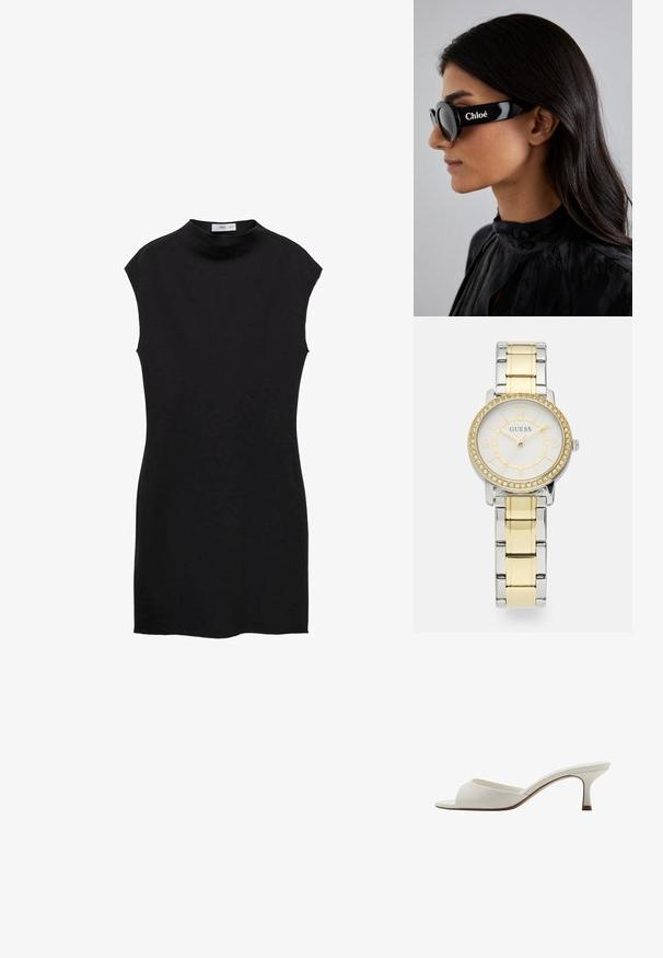 Črna obleka brez rokavov z visokim ovratnikom, prilegajoča silhueta in gladka tekstura tkanine. Minimalističen dizajn brez vidnih vzorcev ali akcentov.; Bele odprte visoke petke z gladko površino, minimalističnim oblikovanjem in vitko peto, ki ima subtilen rjav odtenek na podplatu.; Črne sončna očala z okroglimi lečami in drzno, kotasto okvirje, na katerem je na strani belo napisano blagovno znamko "Chloé". Gladek, sijajen zaključek.; Krožna ura iz nerjavečega jekla s srebrno in zlato kovinsko povezavo. Bela številčnica ima zlate akcentne in bezel, okrašen s kristali.