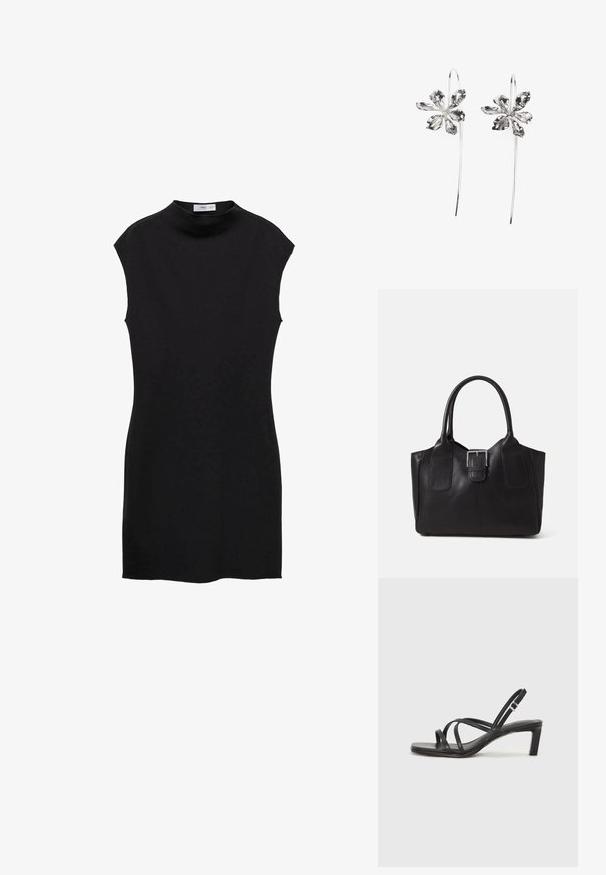 Rochie neagră fără mâneci, cu un decolteu înalt, silueta ajustată și textură netedă a materialului. Design minimalist, fără modele vizibile sau accente.; Sandal cu barete negre, cu vârf pătrat și toc mic de bloc. Prezintă mai multe barete subțiri și o bareta ajustabilă la gleznă. Fabricat din piele netedă.; Geantă tote din piele neagră cu textură netedă, formă structurată, două mânere și un detaliu proeminent din aliaj de argint pe partea din față.; Cercei argintii în formă de floare cu un finisaj texturat, având cârlige lungi și detalii asemănătoare petalelor pentru un design complex.