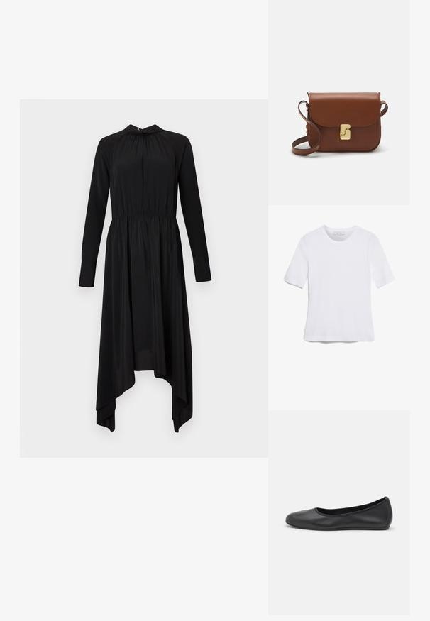 Črna obleka z dolgimi rokavi, nabranim ovratnikom in visokim-nizkim robom. Narejena je iz gladkega materiala z prilagodljivim pasom in zračnim videzom.; Bela kratka majica s kratkimi rokavi iz rebrastega materiala. Okrogla ovratnica, običajen kroj in subtilni šivi. Brez vzorcev ali grafik.; Črne usnjene balerinke z zaobljenim nosom, gladko teksturo, minimalnimi šivi in fleksibilno zasnovo podplata.; Rjava usnjena torbica s poklopcem, zlato obarvani okovi, naramnica in gladka tekstura. Kompaktna pravokotna oblika.