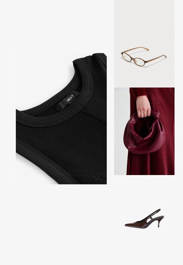 Fekete bordázott ujjatlan póló, kerek nyakkal, texturált szövettel és a "NEXT" márkanevével hímzett címkével a nyakvonalban.; Barna lakkbőr, hátul nyitott, hegyes orrú szandál, vékony sarkakkal. Állítható csattal rendelkezik.; Barna teknős páncélmintás szemüveg, ovális lencsékkel, vékony szárakkal és átlátszó részletekkel. A templomon diszkrét logó található. Elegáns, könnyű dizájn.; Burgundi bőrtáska puhán ráncolt dizájnnal és kerek alakban. A fogantyú rögzítve van, sima textúrával rendelkezik.