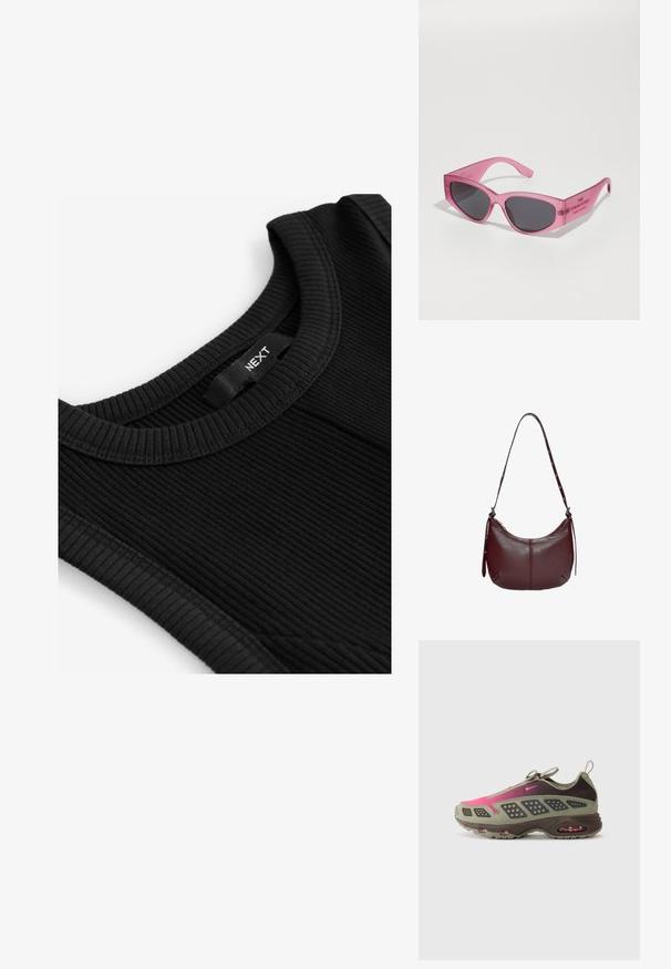 Zwarte geribbelde tanktop met een ronde hals, textuurstof en een label met de merknaam "NEXT" in de hals gestikt.; Atletiekschoen met een mix van olijfgroen en donkerbruin materialen met roze accenten. Gestructureerde bovenkant en zichtbare luchtkussens in de zool.; Roze transparante zonnebril met een hoekige, kat-oogvorm, donker getinte lenzen en reliëftekst op de veren met de tekst "DE ZONNEBRIL."; Bordeaux leren hobo tas met een gebogen silhouet, ritssluiting en een schouderband met details van zilverkleurig beslag.