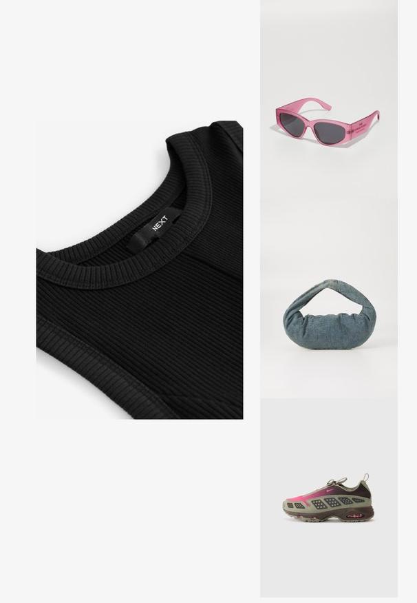 Svart ribbad linne med rund hals, texturerad tyg och en etikett med varumärket "NEXT" sydd i halsringningen.; Atletsko skor med en blandning av olivgrön och mörkbruna material med rosa detaljer. Texturerad ovandel och synlig luftkudde i sulan.; Rosa transparenta solglasögon med en kantig, kattöga-form, mörkt tonade linser och präglad text på stiftet som säger "SOLGLASÖGONEN."; Blå denimväska med en vadderad, rundad form och ett böjt handtag. Texturen är mjuk, med synliga sömmar och en slät yta.