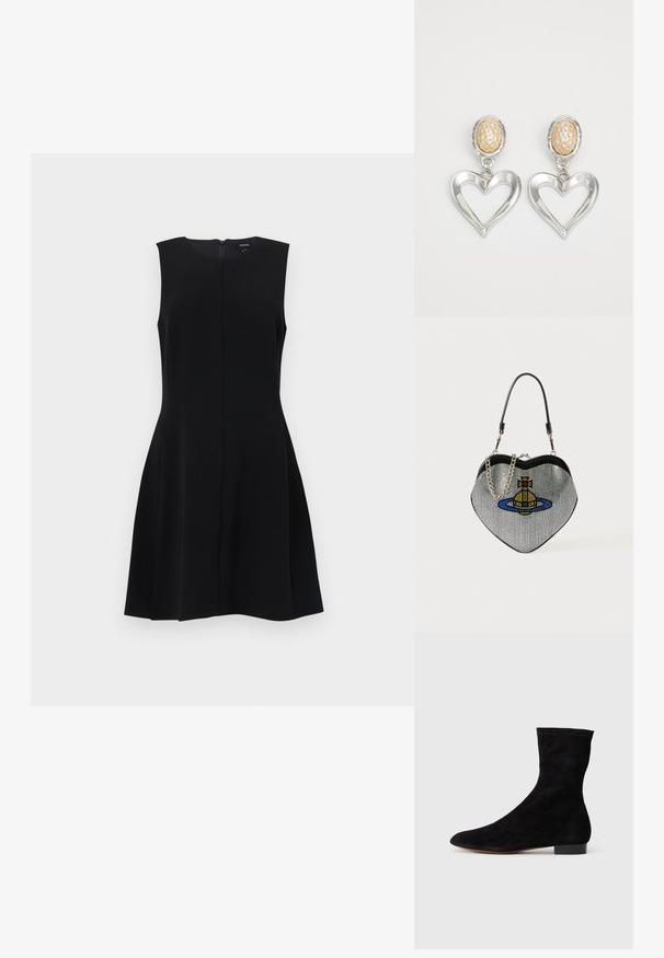 Czarna sukienka bez rękawów z dopasowaną górą i rozkloszowanym dołem, z ukrytym zamkiem błyskawicznym z tyłu i prostymi liniami. Gładki, nie teksturowany materiał.; Czarne zamszowe botki za kostkę z dopasowaną cholewką, spiczastym noskiem i niskim blokowym obcasem. Gładka faktura i minimalistyczny design, odpowiednie do wszechstronnych stylizacji.; Torebka w kształcie serca wykonana z siateczki o metalicznym wykończeniu, z motywem kota i planety w kolorach niebieskim, żółtym i czerwonym. Zawiera łańcuszek.; Srebrne kolczyki w kształcie serca z połyskującym wykończeniem. Każdy z nich ma teksturowany beżowy owalny wkręt. Elegancki i lekki design.