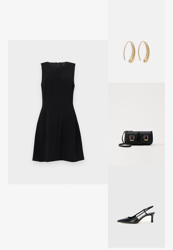 Robe noire sans manches avec un corsage ajusté et une jupe évasée, dotée d'une fermeture éclair dissimulée dans le dos et de lignes épurées. Matière lisse et sans texture.; Escarpin slingback en vernis noir avec un bout pointu, présentant un imprimé serpent texturé, une sangle réglable et un petit talon bloc texturé.; Sac en cuir noir porté en travers avec deux poches avant, boucles dorées, fermeture zippée et une sangle fine. Surface texturée et forme rectangulaire compacte.; Boucles d'oreilles en métal doré en forme d'anneau, avec une forme courbée et allongée. Elles présentent une surface lisse et brillante avec une pointe arrondie pour un détail supplémentaire.